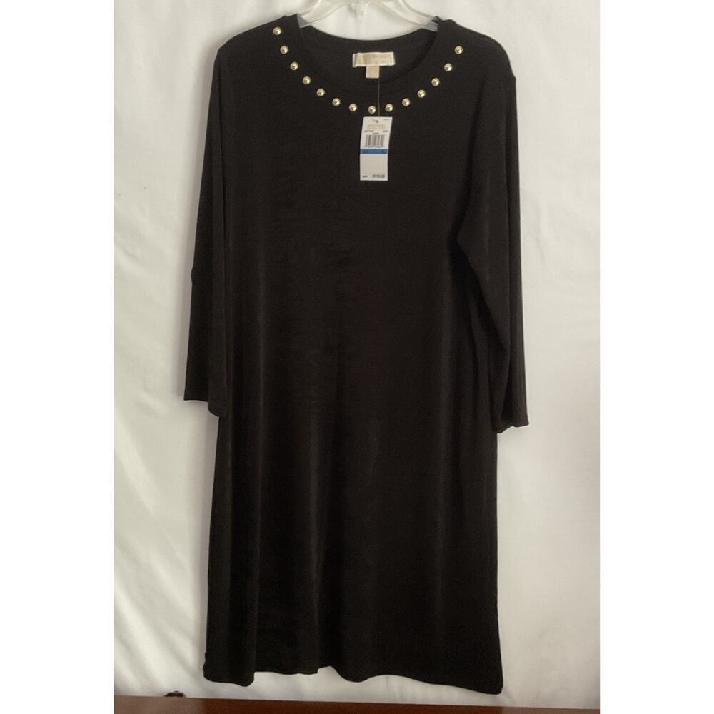 Michael Kors Ladies Black Straight Dress With Gold Accents Around Neckline